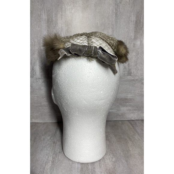 Vintage Mink Fur Hat Cap Fitted Womens Small Net Bow Veil Fascinator 50s 60s